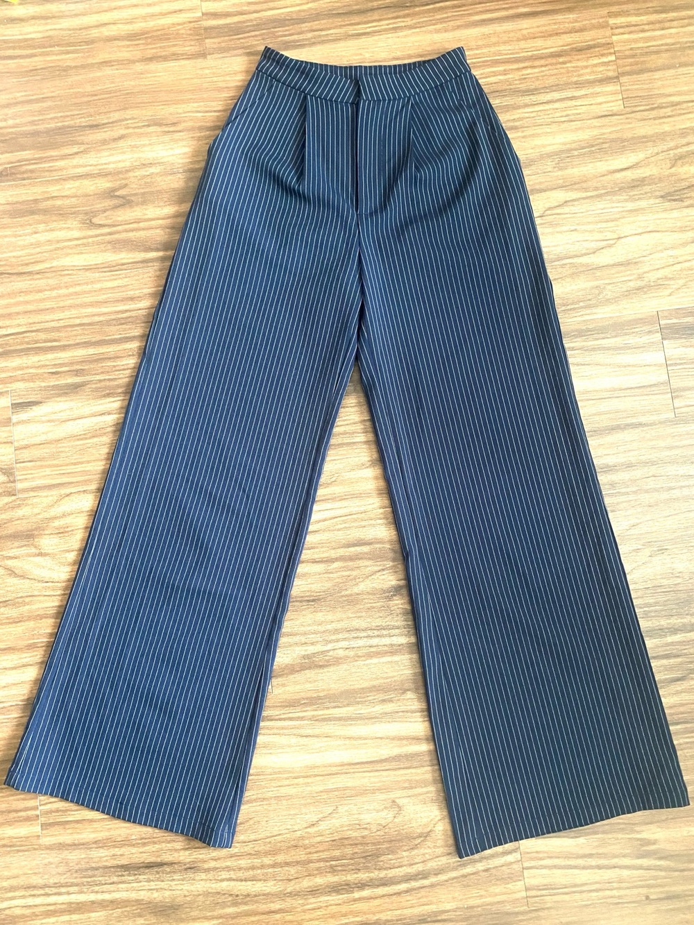 Princess Polly Navy Pinstripe Wrap Waist Wide Leg Pants High Rise US 2